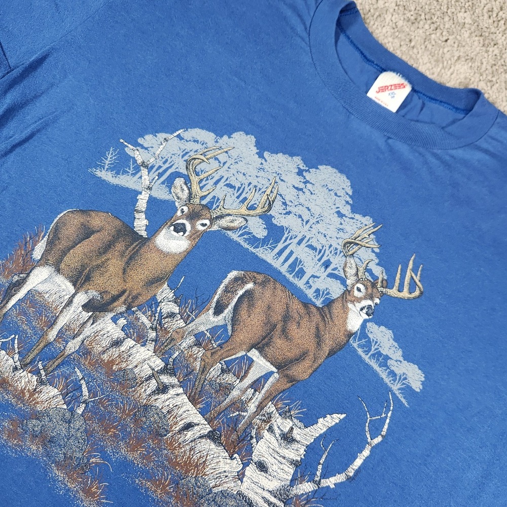 Vintage 90s Deer Nature Art Graphic T Shirt Jerzees Blue Animal Hunting Wildlife